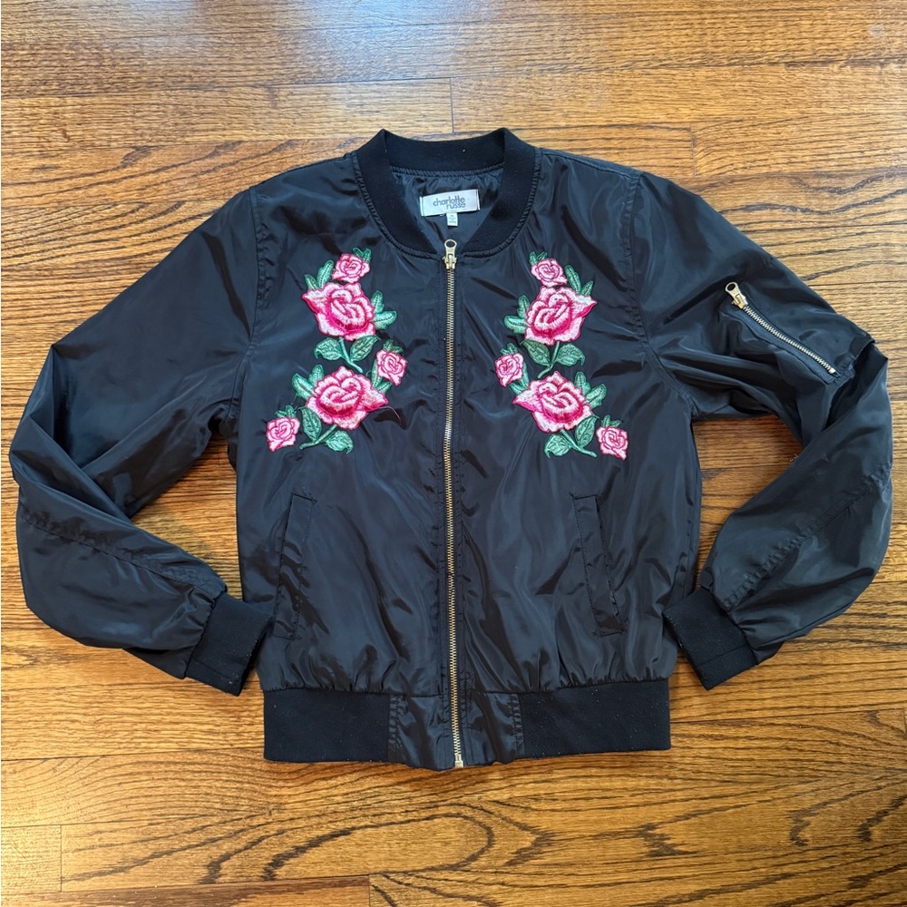 Charlotte Russe Black Bomber Jacket with Pink Floral Design